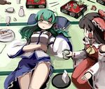  alcohol bow brown_hair detached_sleeves drunk frog gatau green_eyes green_hair hair_bow hair_ornament hakurei_reimu japanese_clothes kochiya_sanae legs long_hair multiple_girls snake touhou 