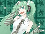  aqua_eyes aqua_hair bare_shoulders elbow_gloves fingerless_gloves gloves hatsune_miku headphones long_hair necktie shou_shishi smile solo striped striped_gloves tie_clip twintails vocaloid 