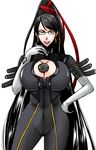  1girl bayonetta bayonetta_(character) beauty_mark black_hair bodysuit breasts cleavage cleavage_cutout female glasses green_eyes hair_bun huge_breasts karuken long_hair mole red_ribbon ribbon simple_background solo very_long_hair white_background 