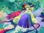  back bad_id bad_pixiv_id bare_shoulders blonde_hair brown_hair closed_eyes detached_sleeves dress frog green_hair hair_ornament hair_ribbon hakurei_reimu hat kirisame_marisa kochiya_sanae merunmeron multiple_girls profile ribbon short_hair sitting smile touhou wide_sleeves witch_hat 