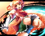  bandages barefoot bike_shorts breasts bun_cover cameltoe chinese_clothes double_bun feet flower ibaraki_kasen kicking medium_breasts open_mouth pink_hair red_eyes short_hair shorts shorts_under_skirt skirt soles solo toeless_legwear touhou umakatsuhai 