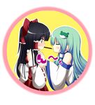  black_hair blush bow circle closed_eyes detached_sleeves food frog green_hair hair_bow hair_ornament hair_tubes hakurei_reimu kochiya_sanae long_hair mouth_hold multiple_girls pocky pocky_kiss pote_(haiharaai) red_eyes shared_food snake touhou upper_body yuri 