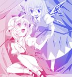  bare_legs bow cirno eye_contact fangs flandre_scarlet gradient hat holding_hands looking_at_another multiple_girls riputon_(lipton_sabou) short_hair sitting slit_pupils smile touhou wings 