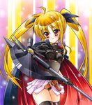  axe bad_id bad_pixiv_id bardiche belt blonde_hair fate_testarossa gloves leotard long_hair lyrical_nanoha mahou_shoujo_lyrical_nanoha mahou_shoujo_lyrical_nanoha_the_movie_1st red_eyes shikishi solo thighhighs traditional_media twintails weapon yuto_takumi 
