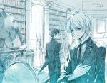  back bad_id bad_pixiv_id blue book bookshelf butler closed_eyes closed_mouth collared_shirt contemporary curtains day globe gloves hand_on_own_chest hands_in_pockets indoors jacket koizumi_itsuki kyon ladder library long_sleeves looking_at_viewer male_focus monochrome multiple_boys necktie profile shirt sketch smile standing suzumiya_haruhi_no_yuuutsu tailcoat toichi_(ik07) tuxedo wing_collar 