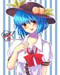  alternate_hair_length alternate_hairstyle bad_id bad_pixiv_id blue_hair blush bow collar_tug food fruit hat head_tilt hinanawi_tenshi looking_at_viewer peach red_eyes ribbon sadomochi short_hair solo striped striped_background sweat touhou unbuttoned undressing upper_body 