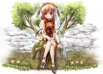  bandages bun_cover chinese_clothes cloud crossed_legs cuffs danbo_(rock_clime) double_bun flower ibaraki_kasen pink_flower pink_hair pink_rose red_eyes rock rose shackles short_hair sitting skirt smile solo touhou tree 