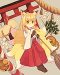  :&lt; animal_ears artist_request blonde_hair broom female fox fox_ears fox_tail furry japanese_clothes kemono kitsune long_hair miko money multiple_tails solo tail torii 