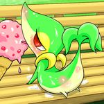  blush butt eot8brz4t6 food half-closed_eyes ice_cream licking lying nintendo on_front outside plant pok&#233;mon pok&eacute;mon raised_tail red_eyes snake snivy solo suggestive sweat tail tongue video_games 