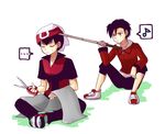  2boys alternate_costume black_hair closed_eyes cloth cue_stick eighth_note gold_(pokemon) hat male_focus mokorei multiple_boys musical_note no_hat no_headwear pokemon pokemon_special ruby_(pokemon) scissors shadow simple_background sitting speech_bubble spoken_musical_note 