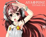  arm_up bracelet brown_eyes brown_hair dress headphones jewelry keiji_(kexidi) long_hair niconico open_mouth simple_background solo sundress 