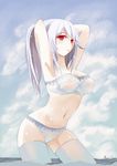  adjusting_hair armpits arms_behind_head arms_up artist_name bandeau bra breasts cleavage cloud day large_breasts lingerie long_hair navel panties ponytail rain_lan red_eyes shiny shiny_skin skindentation sky solo thighhighs underwear vocaloid voyakiloid wading water water_drop wet wet_clothes white_bra white_hair white_legwear white_panties yowane_haku 