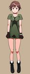  3: boots brown_eyes brown_hair choker full_body g-room_honten gloves highres no_pants rebecca_chambers resident_evil shirt short_hair simple_background socks solo watch wristwatch 