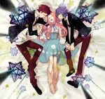  2boys blue_hair blue_skirt brown_hair closed_eyes copyright_name holding_hands koto_mutsu long_hair long_skirt mawaru_penguindrum multiple_boys necktie open_mouth red_hair siblings skirt takakura_himari takakura_kanba takakura_shouma 