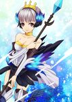  armor armored_dress bad_id bad_pixiv_id bare_shoulders boots choker collarbone crown detached_sleeves dress feathers gwendolyn hair_feathers low_wings mugi_(iccomae) odin_sphere polearm purple_eyes short_hair silver_hair smile solo spear strapless strapless_dress thigh_boots thighhighs weapon wings 