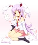  1girl animal_ears bare_shoulders between_breasts breasts bunny bunny_ears cleavage clothes_between_breasts dress_shirt embarrassed hand_on_own_face inaba_tewi_(bunny) lavender_hair long_hair medium_breasts no_bra off_shoulder open_clothes open_shirt pleated_skirt red_eyes reisen_udongein_inaba shirt sitting skirt socks solo touhou yamasaki_wataru 
