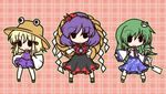  bad_id bad_pixiv_id blonde_hair blush chibi detached_sleeves frog fushigi_ebi gohei green_hair hair_ornament hair_tubes hat kochiya_sanae long_hair mirror moriya_suwako multiple_girls open_mouth purple_hair rope shimenawa short_hair skirt smile snake thighhighs touhou white_legwear yasaka_kanako 