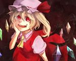  ascot blonde_hair blood bow crazy_eyes crystal dress fang flandre_scarlet hand_on_own_cheek hand_on_own_face hat hat_bow itirirenn licking red_dress red_eyes short_hair short_sleeves side_ponytail solo tongue touhou wings 