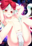  armpits arms_behind_head arms_up asou_natsume blush bow cameltoe flat_chest highres kyubey long_hair mahou_shoujo_madoka_magica navel nipples panties personification red_eyes ribbon silver_hair solo spread_legs striped striped_panties tears topless underwear 