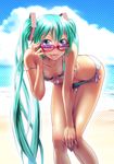  :p aqua_eyes aqua_hair bent_over bikini collarbone day downblouse face glasses green_eyes green_hair hand_on_own_knee hands hatsune_miku highres jewelry leaning_forward long_hair nail_polish naughty_face outdoors ring side-tie_bikini smile solo strap_slip striped striped_bikini sunglasses swimsuit thigh_gap tongue tongue_out twintails very_long_hair vocaloid wedding_band wokada 