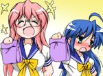  blue_eyes blue_hair blush gaketsu glasses izumi_konata long_hair lucky_star mole mole_under_eye multiple_girls pink_hair revision ryouou_school_uniform school_uniform serafuku takara_miyuki yellow_neckwear 