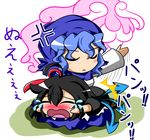  ahoge anger_vein asymmetrical_wings black_dress black_hair blue_dress blue_hair blush chibi closed_eyes crying dress feiton hood houjuu_nue kumoi_ichirin lying multiple_girls on_stomach open_mouth sitting spanking tears touhou translated unzan wings 