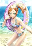  bad_id bad_pixiv_id beach bikini breasts buttons cleavage cloud day english green_eyes hair_ornament hairclip iceojin innertube medium_breasts navel ocean orange_hair original outdoors ponytail side_ponytail sky solo swimsuit water wet 