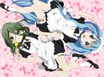  1boy 1girl blue_eyes blue_hair bluebell daisy_(reborn) female footwear green_eyes green_hair hand_holding k-on! katekyo_hitman_reborn katekyo_hitman_reborn! loli long_hair maid maid_headdress male mary_janes parody rotational_symmetry scar shoes shota socks style_parody trap wand 