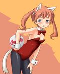  animal_ears blue_eyes blush brown_hair coca-cola detached_collar flat_chest francie_gerard horse_ears horse_girl horse_tail kittysuit long_hair mirutsu_(milts) oversized_breast_cup pantyhose product_placement solo tail tray twintails world_witches_series wrist_cuffs 