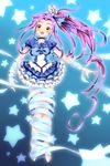  barefoot blue_background blue_choker blue_skirt blush bow choker cure_beat eyelashes frills hair_bow highres kurokawa_eren long_hair magical_girl precure ribbon seiren_(suite_precure) skirt solo star suite_precure uzuki_aki 