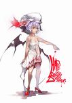  alternate_costume bare_legs bare_shoulders bat_wings bow choker food fruit happy_birthday hat hat_bow high_heels highres holding lavender_hair remilia_scarlet shoes short_hair skirt solo standing strawberry sukya touhou white_skirt wings 