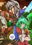  1girl bag book bookshelf cactus glasses green_hair handbag highres kazami_yuuka morichika_rinnosuke red_eyes shuma_(daitokei) silver_hair sweatdrop touhou white_hair yellow_eyes 