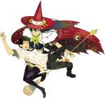  1girl black_hair bow broom brown_hair cape carrying hat kagari_ayaka long_hair mizunagi_ryuu multicolored_hair official_art one_eye_closed princess_carry school_uniform short_hair simple_background takamiya_honoka thighhighs two-tone_hair witch witch_craft_works witch_hat zettai_ryouiki 