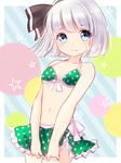  bad_id bad_pixiv_id bare_shoulders bikini black_hairband blue_eyes blush commentary_request eyelashes front-tie_top hairband konpaku_youmu navel nunucco polka_dot polka_dot_bikini polka_dot_swimsuit short_hair silver_hair solo star striped striped_background swimsuit touhou 