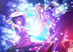  arm_up armpits ascot blonde_hair blush bow brown_eyes brown_hair bug butterfly cloud detached_sleeves dress fan folding_fan full_moon gloves gohei hair_bow hair_tubes hakurei_reimu hat hat_ribbon insect lens_flare long_hair moon multiple_girls navel one_eye_closed open_mouth purple_eyes red_eyes ribbon ryosios sarashi skirt sky smile star_(sky) touhou yakumo_yukari 