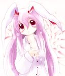  :o animal_ears bunny_ears dress_shirt highres long_hair open_clothes open_mouth open_shirt pink_hair purple_hair red_eyes reisen_udongein_inaba shirt solo touhou upper_body very_long_hair yume_shokunin 