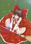  ascot bow broom brown_eyes brown_hair detached_sleeves from_above hair_bow hair_tubes hakurei_reimu petals sitting skirt solo tanuki91 touhou 