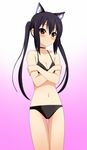  animal_ears bare_shoulders bikini black_hair blush brown_eyes cat_ears choker covering covering_breasts flat_chest gradient gradient_background highres k-on! kenken long_hair nakano_azusa solo swimsuit thigh_gap twintails 