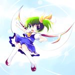  ascot daiyousei dress flying green_eyes green_hair hair_ribbon highres kneehighs open_mouth ribbon side_ponytail smile solo touhou white_legwear wings yume_shokunin 