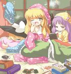  alice_margatroid bed blonde_hair blue_eyes book bookshelf card crescent cup hat hir0sun holding holding_book kirisame_marisa long_hair lying lying_card multiple_girls nightcap on_stomach one_eye_closed open_mouth pajamas patchouli_knowledge pillow purple_hair reading red_eyes short_hair sitting sleepover sleepy teacup touhou window witch_hat yawning yellow_eyes 