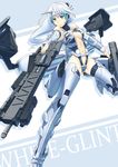  aqua_eyes armor armored_core armored_core:_for_answer bare_shoulders bikini_armor detached_sleeves dual_wielding gun highres holding juu_ho long_hair mecha_musume midriff navel revealing_clothes rifle rocket_launcher solo weapon white_glint white_hair 