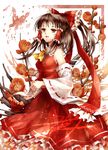  ascot bare_shoulders bow brown_hair bug butterfly detached_sleeves flower hair_bow hair_tubes hakurei_reimu hands_together highres insect looking_at_viewer meutan131 own_hands_together petticoat ponytail red_eyes skirt solo touhou 