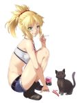  1girl belt black_footwear blonde_hair blue_shorts bra butter-t cat clenched_teeth denim denim_shorts fate/apocrypha fate_(series) full_body green_eyes hair_ornament hair_scrunchie high_ponytail holding jewelry long_hair looking_at_viewer midriff mordred_(fate) mordred_(fate)_(all) navel necklace red_scrunchie scrunchie short_shorts shorts simple_background solo squatting stomach striped striped_bra teeth torn_clothes torn_shorts underwear white_background white_bra 