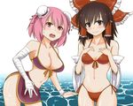  bandages bikini bikini_top blush bow breasts brown_eyes brown_hair bun_cover detached_sleeves double_bun hair_bow hair_bun hair_tubes hakurei_reimu hands_on_own_chest ibaraki_kasen large_breasts medium_breasts multiple_girls open_mouth pink_eyes pink_hair red_bikini side-tie_bikini skirt smile swimsuit touhou water zetsumame 