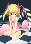  babydoll bare_legs barefoot blonde_hair blush checkered checkered_floor collarbone flandre_scarlet flat_chest heart heart_pillow highres navel panties pillow pink_panties red_eyes side-tie_panties sitting smile solo strap_slip tanakahazime touhou underwear underwear_only v_arms wariza wings 