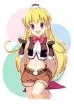  blonde_hair bow fingerless_gloves gloves hat kurage_(kurakurapix) lisa_(seiken_no_blacksmith) long_hair midriff navel pointy_ears purple_eyes ribbon seiken_no_blacksmith shorts solo very_long_hair 