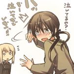  2girls blonde_hair blush brown_hair erica_hartmann gertrud_barkhorn hair_ribbon lowres military military_uniform multiple_girls o_o ribbon strike_witches tears translated tsuchii_(ramakifrau) tsundere twintails uniform world_witches_series 