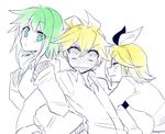  2girls angry blonde_hair blue_eyes blush green_hair gumi hair_ornament hair_ribbon hairclip kagamine_len kagamine_rin multiple_girls ribbon short_hair vocaloid yumemiya 