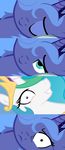  blue_eyes blue_hair comic crown equine eye_contact eyes_closed female friendship_is_magic grin hair hasbro horn horse in_bed mammal messy_hair molestia multi-colored_hair my_little_pony oh_fuck! pegacorn pink_eyes pony princess princess_celestia_(mlp) princess_luna_(mlp) rainbow_hair rape_face royalty sibling sisters unknown_artist waking_up 