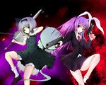  animal_ears blazer bloomers bobby_socks bunny_ears dress_shirt dual_wielding ghost green_eyes gun hairband hal_(ojou) hitodama holding jacket katana konpaku_youmu konpaku_youmu_(ghost) multiple_girls necktie purple_eyes purple_hair reisen_udongein_inaba shirt silver_hair skirt socks sword touhou underwear vest weapon white_legwear 